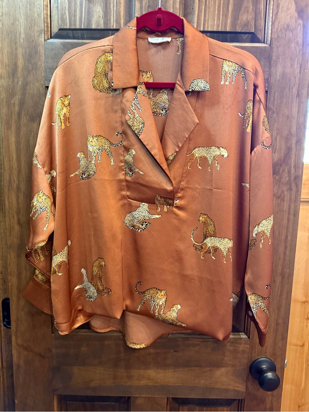easel Rust Satin Leopard Motif V-Neck Blouse